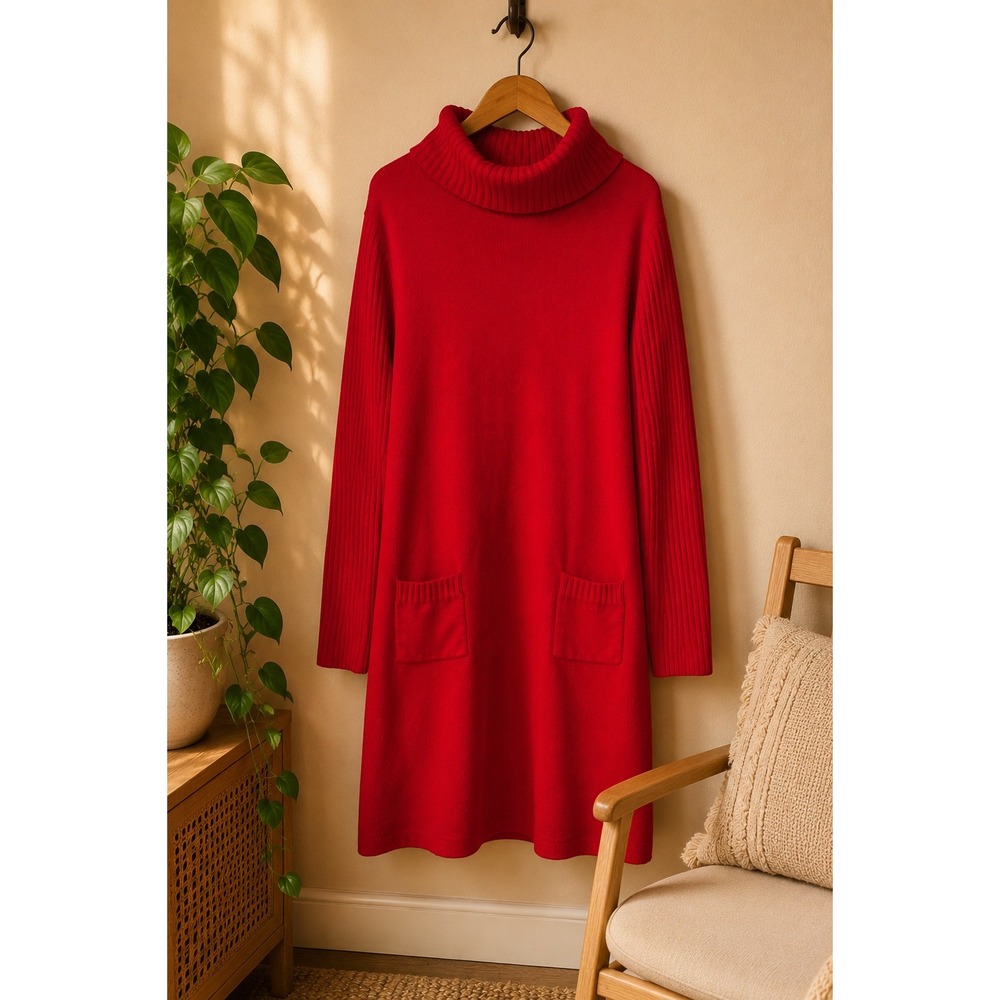 Cherry Red Merino Wool Sweater Dress XL Cowl Neck Pocket Knit Cozy Soft Winter